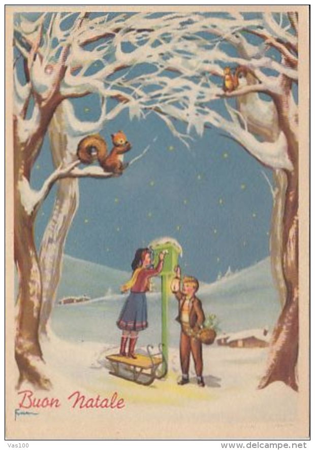 CPA SIGNED ILLUSTRATION, FUALAN- BOY AND GIRL AT MAILBOX, SLED, SQUIRREL, MISTLETOE - Castelli