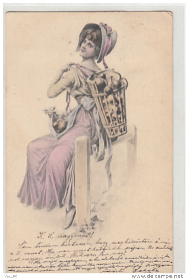 CPA MUSHROOMS, WOMAN WITH BASKET OF MUSHROOMS, ILLUSTRATION - Champignons