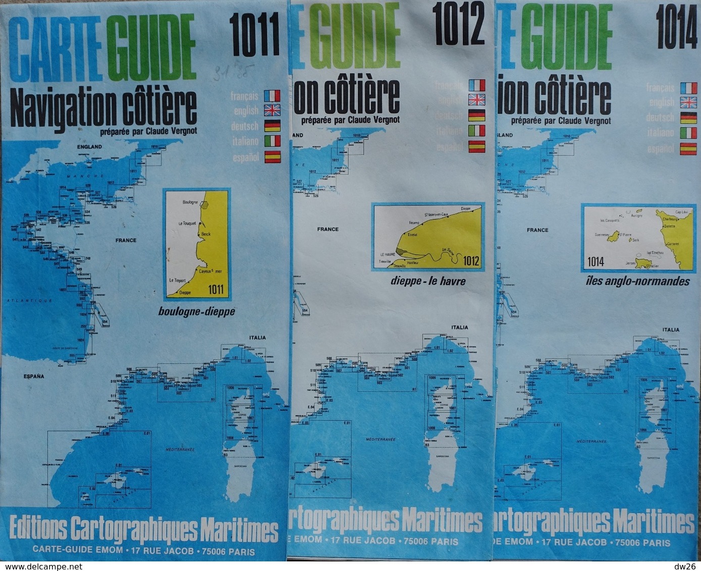 Carte Guide Navigation Côtière Par Claude Vergnot - Lot De 3 Cartes De La Manche  1/100.000e (1011, 1012, 1014) - Nautical Charts