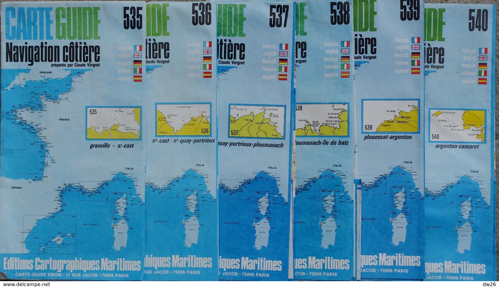 Carte Guide Navigation Côtière Par Claude Vergnot - Lot De 6 Cartes De La Manche  1/50.000e (N° 535 à 540) - Carte Nautiche