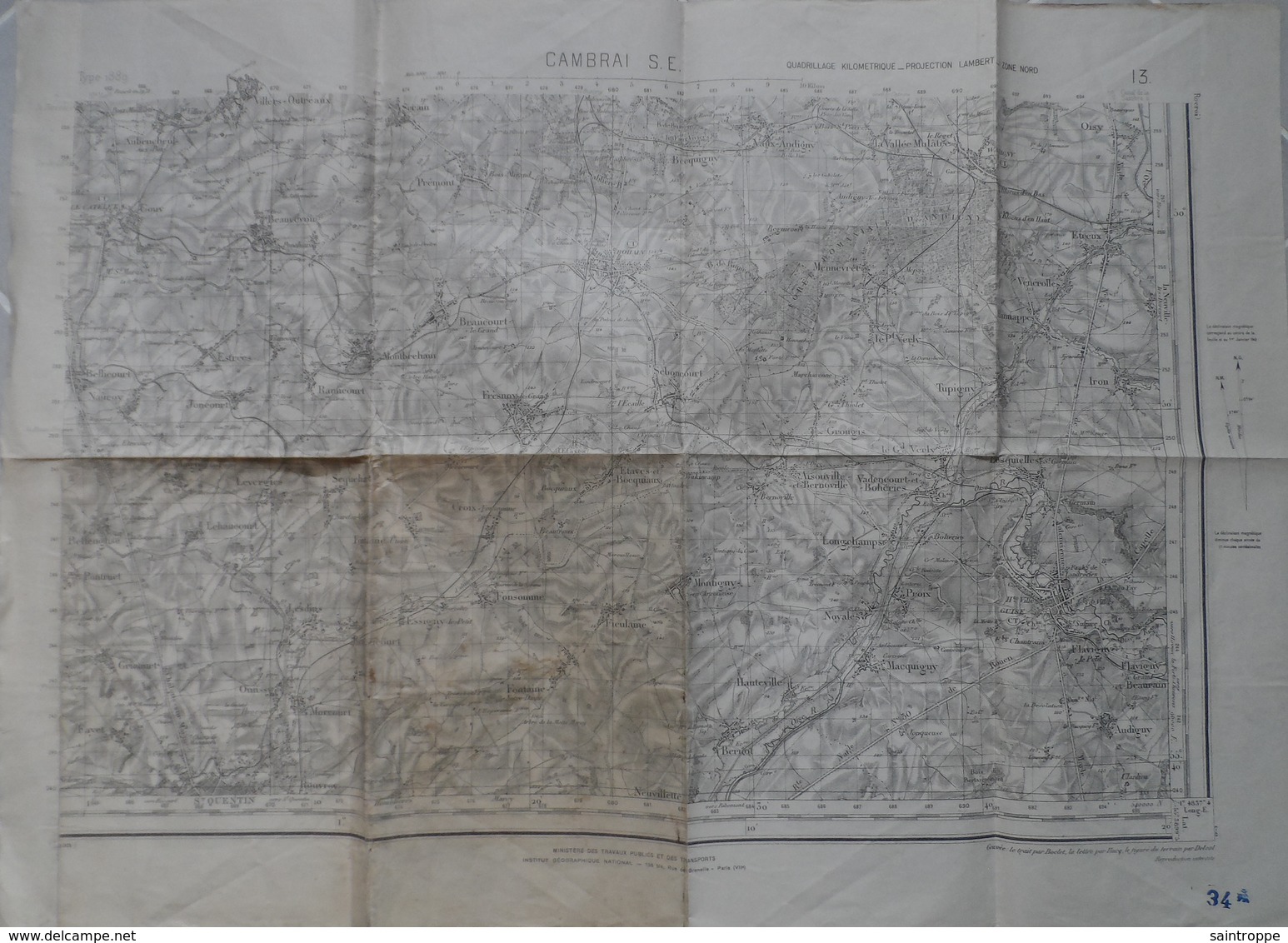 Cambrai S.E. Aubencheul Aux Bois Au Nord-Ouest à Oisy Au Nord-Est Et De Saint-Quentin Au Sud-Ouest à Audigny Au Sud-Est. - Mapas Topográficas