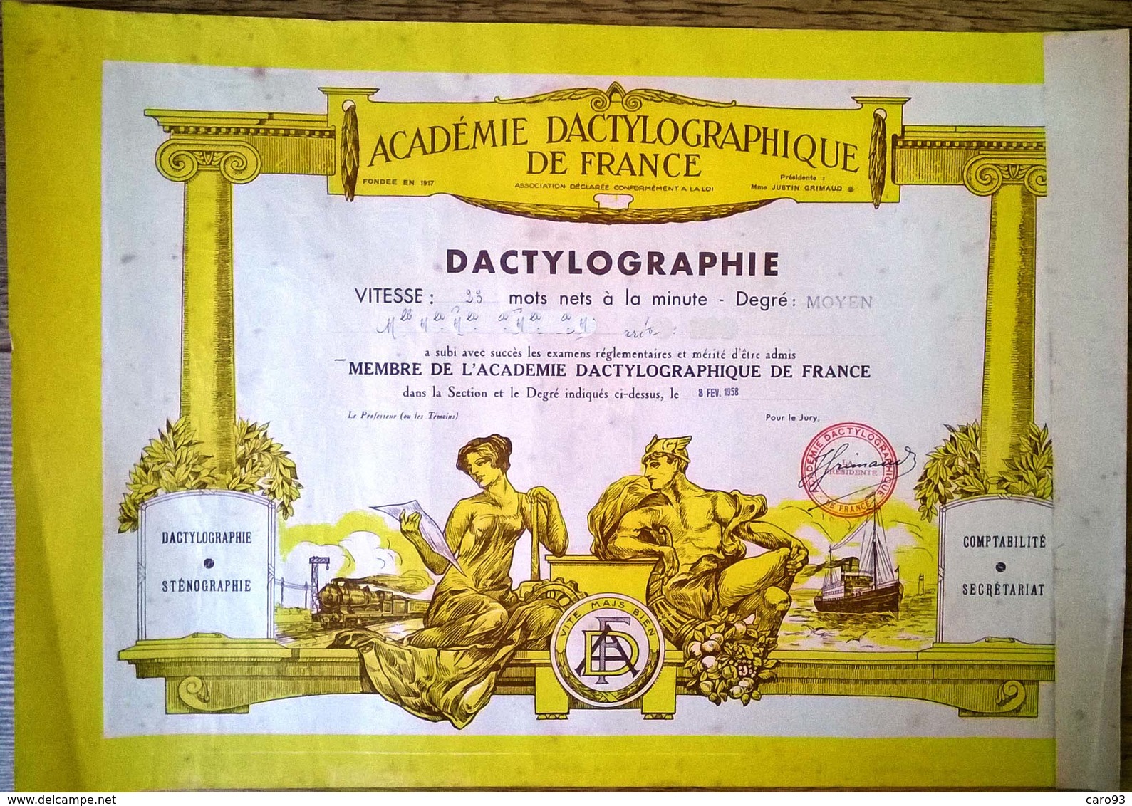 Dactylographie Degré Moyen Académie Dactylographique De France 1958 - Diplômes & Bulletins Scolaires