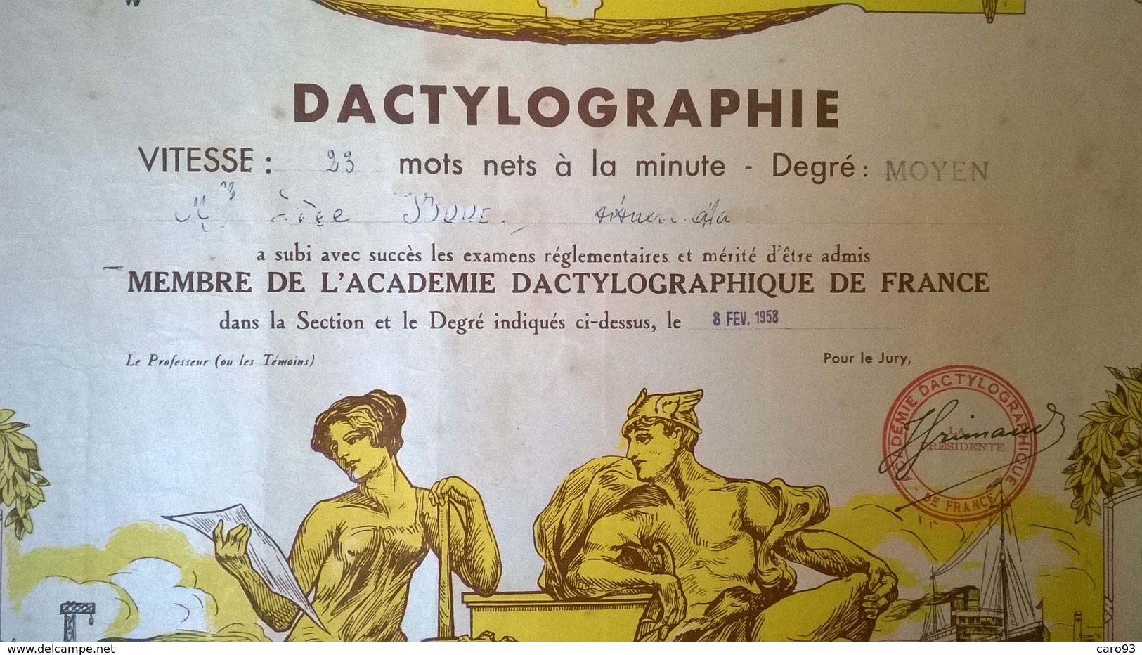 Dactylographie Degré Moyen Académie Dactylographique De France 1958 - Diplômes & Bulletins Scolaires