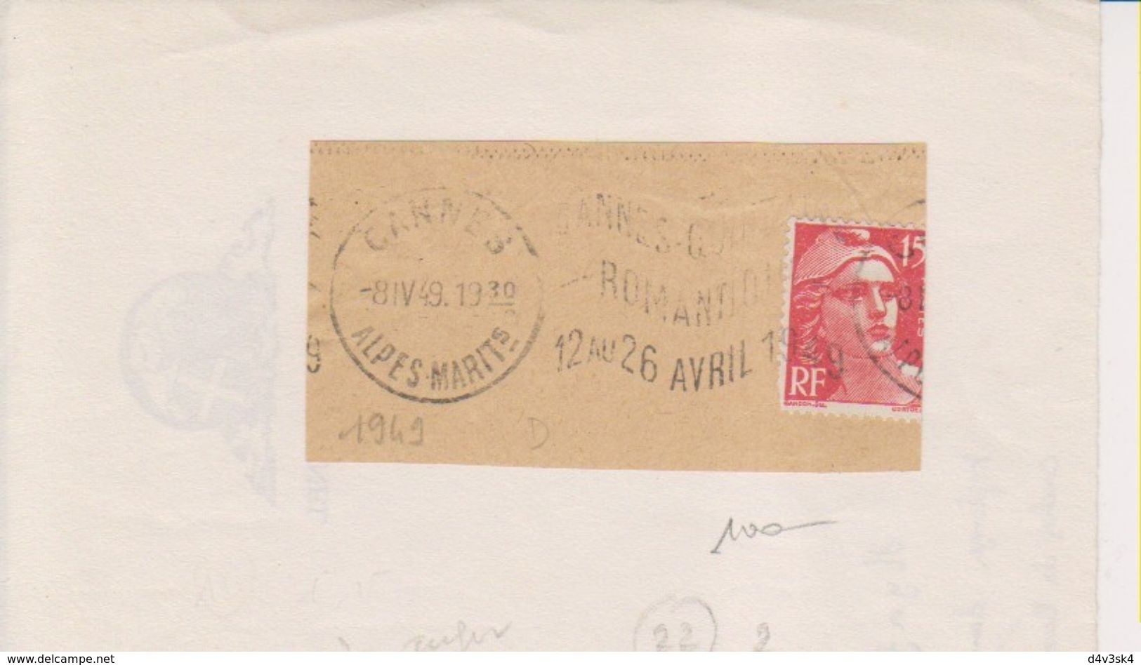 1949 France 06 Alpes Maritimes Cannes Flamme (Fragment) 'Cannes Quinzaine Romantique 12 Au 26 Avril 1949' - Mechanical Postmarks (Advertisement)