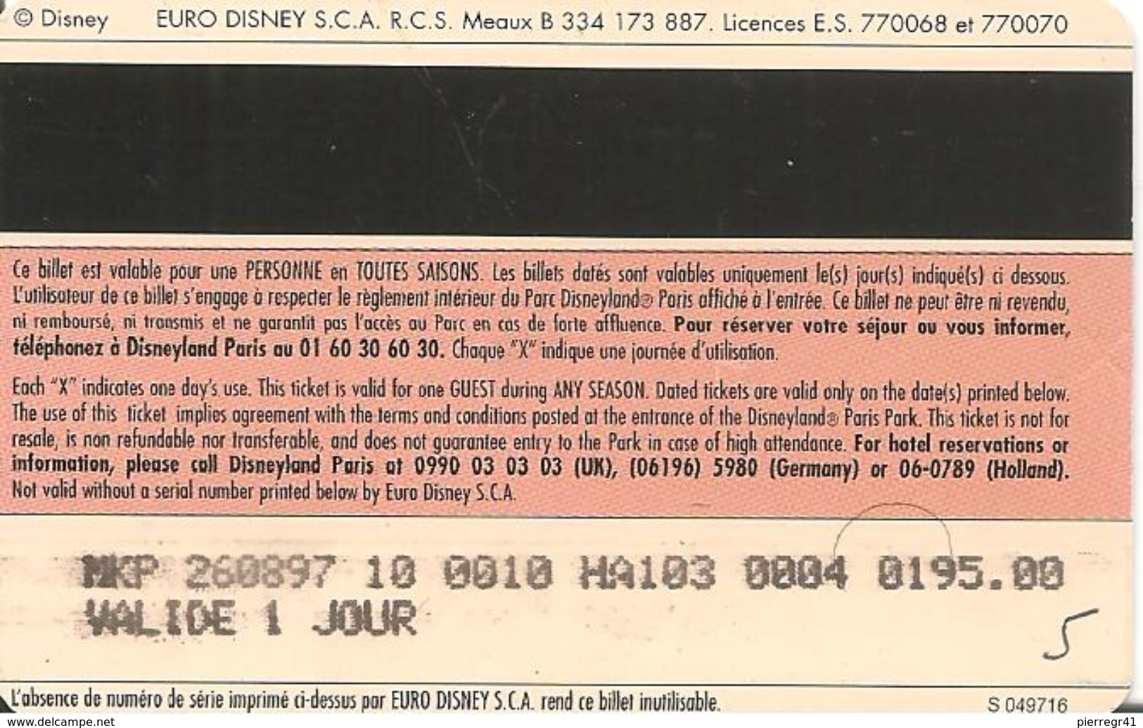 PASS-DISNEYLANDPARIS -1997-5 ANS-ADULTE--V°SPEOS- N° S 049716-TBE- - Disney-Pässe