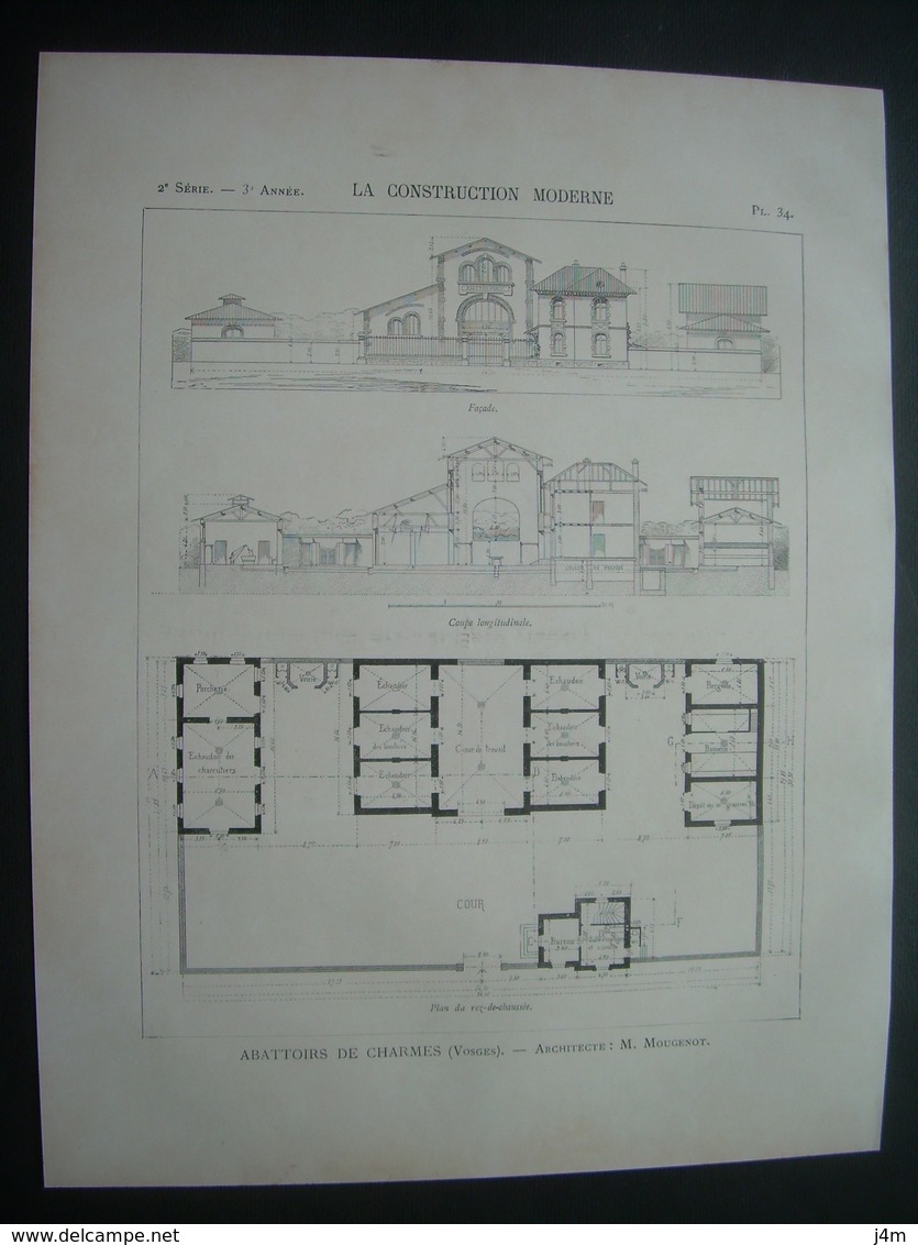ARCHITECTURE..GRAVURE De 1898..ABATTOIRS De CHARMES (88)..Architecte M. MOUGENOT - Architecture