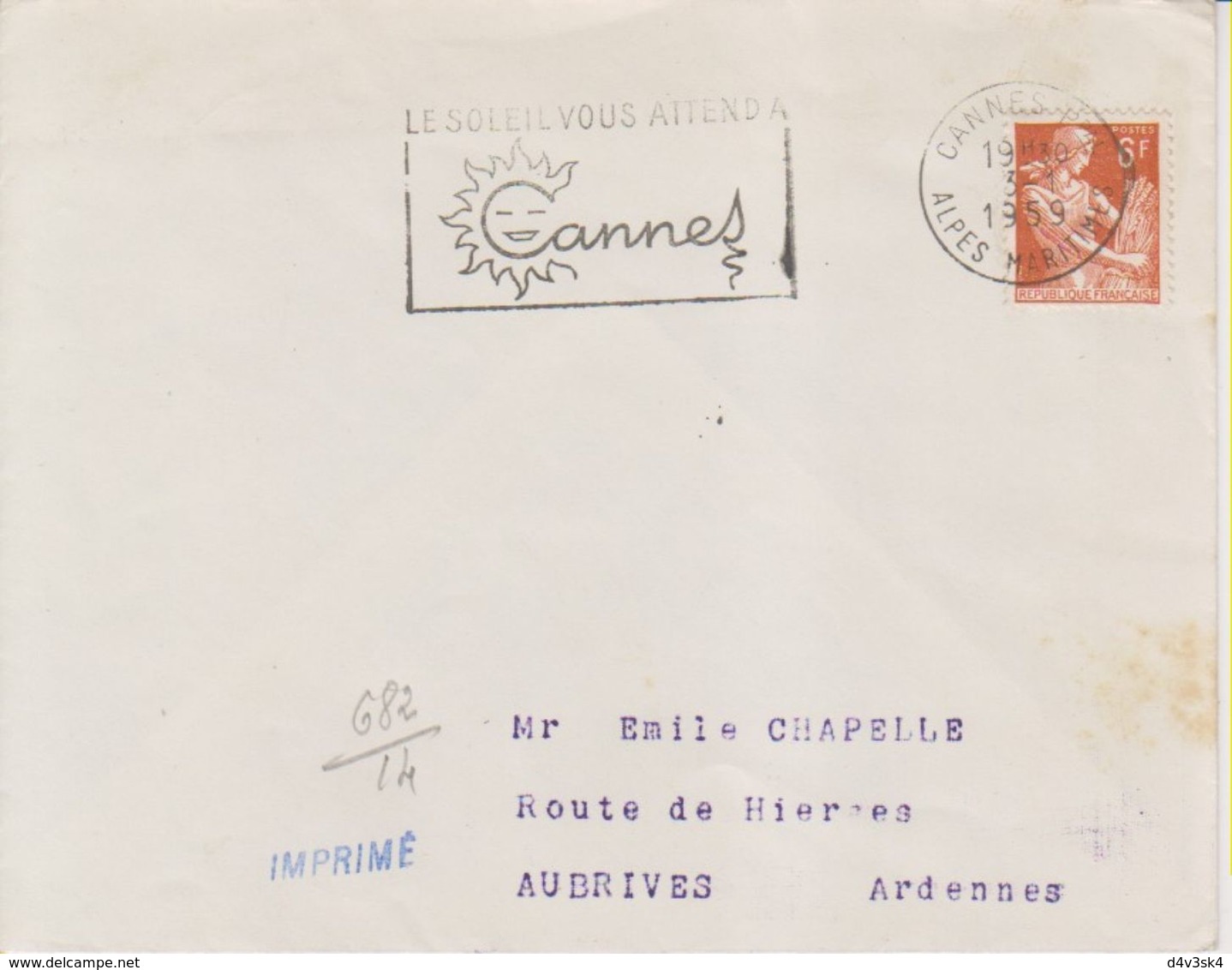 1959 France 06 Alpes Maritimes Cannes Flamme 'Le Soleil Vous Attend A Cannes' - Mechanical Postmarks (Advertisement)