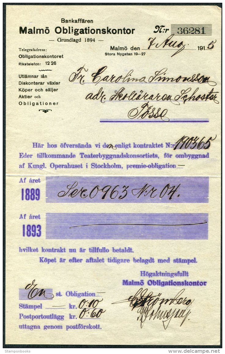 1915 Sweden Malmo Bankaffaren Obligationskontor - Other & Unclassified