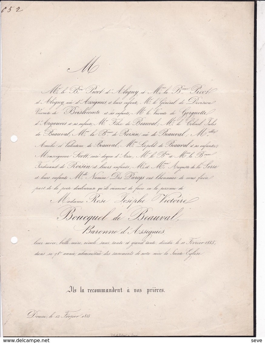 DOUAI Rose BOUCQUEL De BEAUVAL Baronne D'ASSIGNIES 78 Ans 1855 Famille PICOT D'ALIGNY De GORGUETTE - Décès