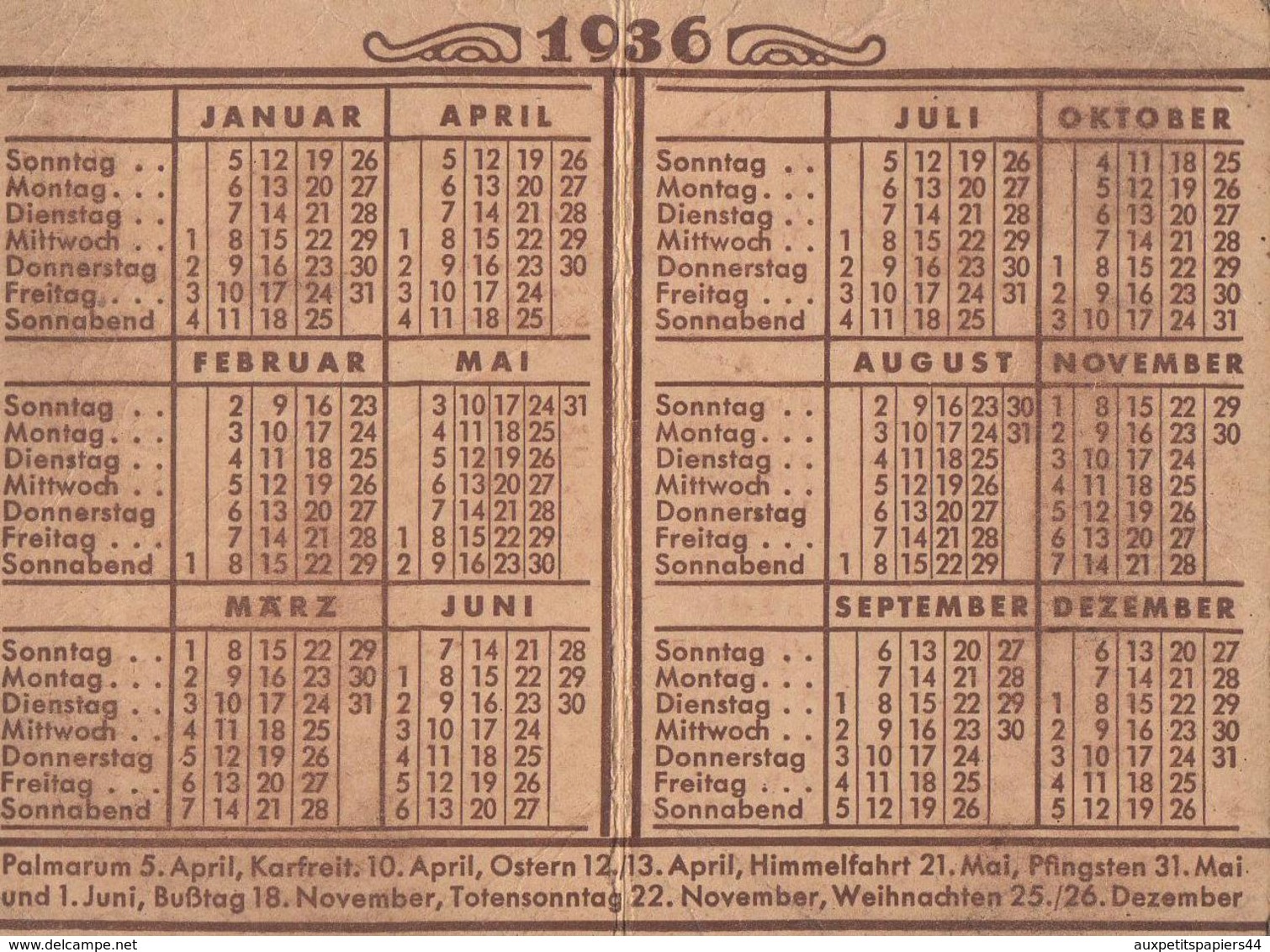 Calendrier Publicitaire Pour Les Couteaux Rudolf Schlenkrich En 1936 - Kiel - EBT FRÜCHTE - Petit Format : 1921-40