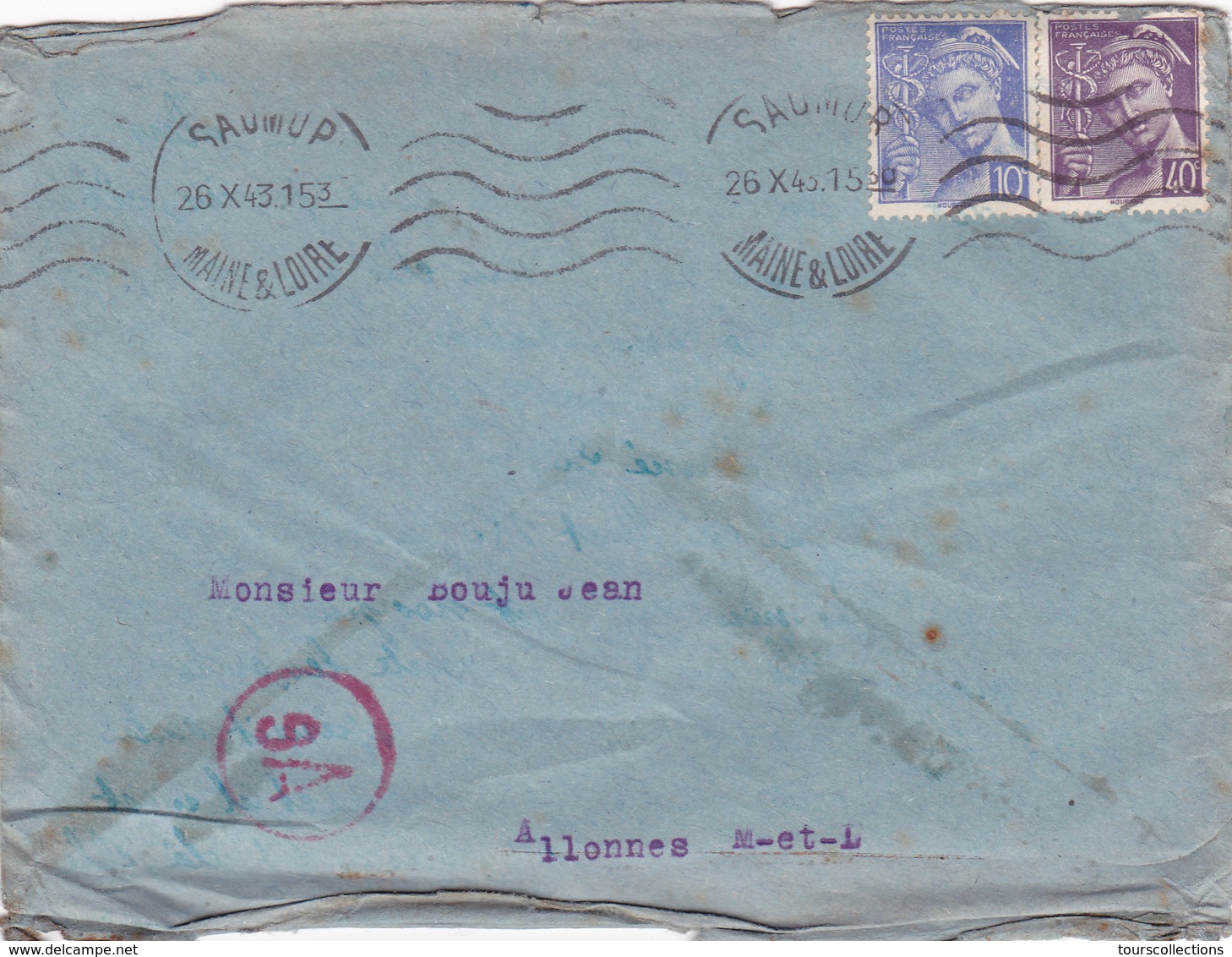 Enveloppe Seule ALLEMAGNE Duisburg 02-12-1943 PETAIN 3° Reich WW2 - Duperray Allones Maine Et Loire  Cachet Ae - Covers & Documents