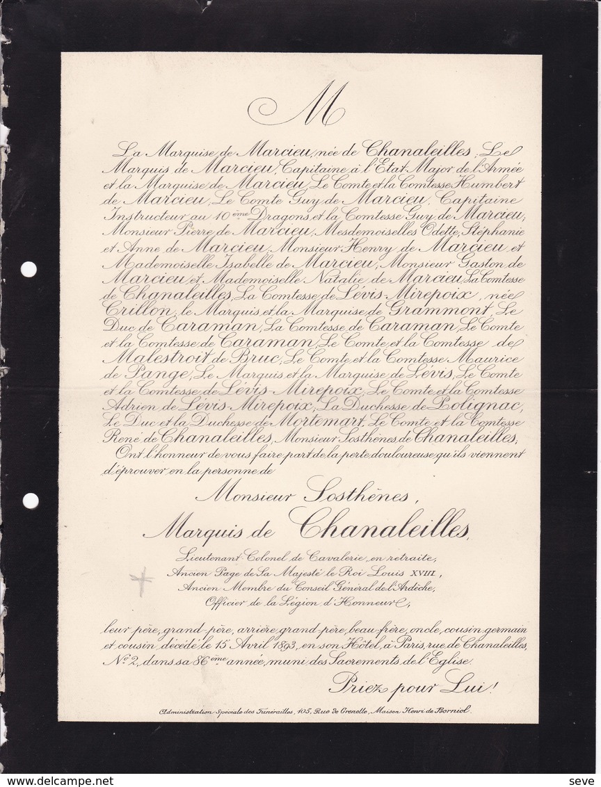 PARIS Sosthenes Marquis De CHANALEILLES 86 Ans 1893 Page Du Roi Louis XVIII Conseil Général De L'ARDECHE De CARAMAN - Décès