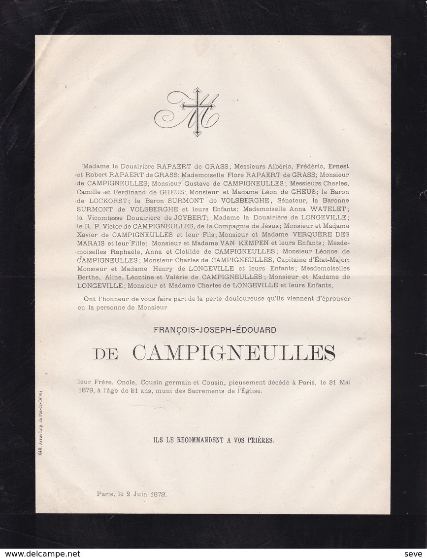 PARIS François-Joseph De CAMPIGNEULLES 51 Ans 1879 RAPAERT De GRASS SURMONT De VOLSBERGHE - Obituary Notices