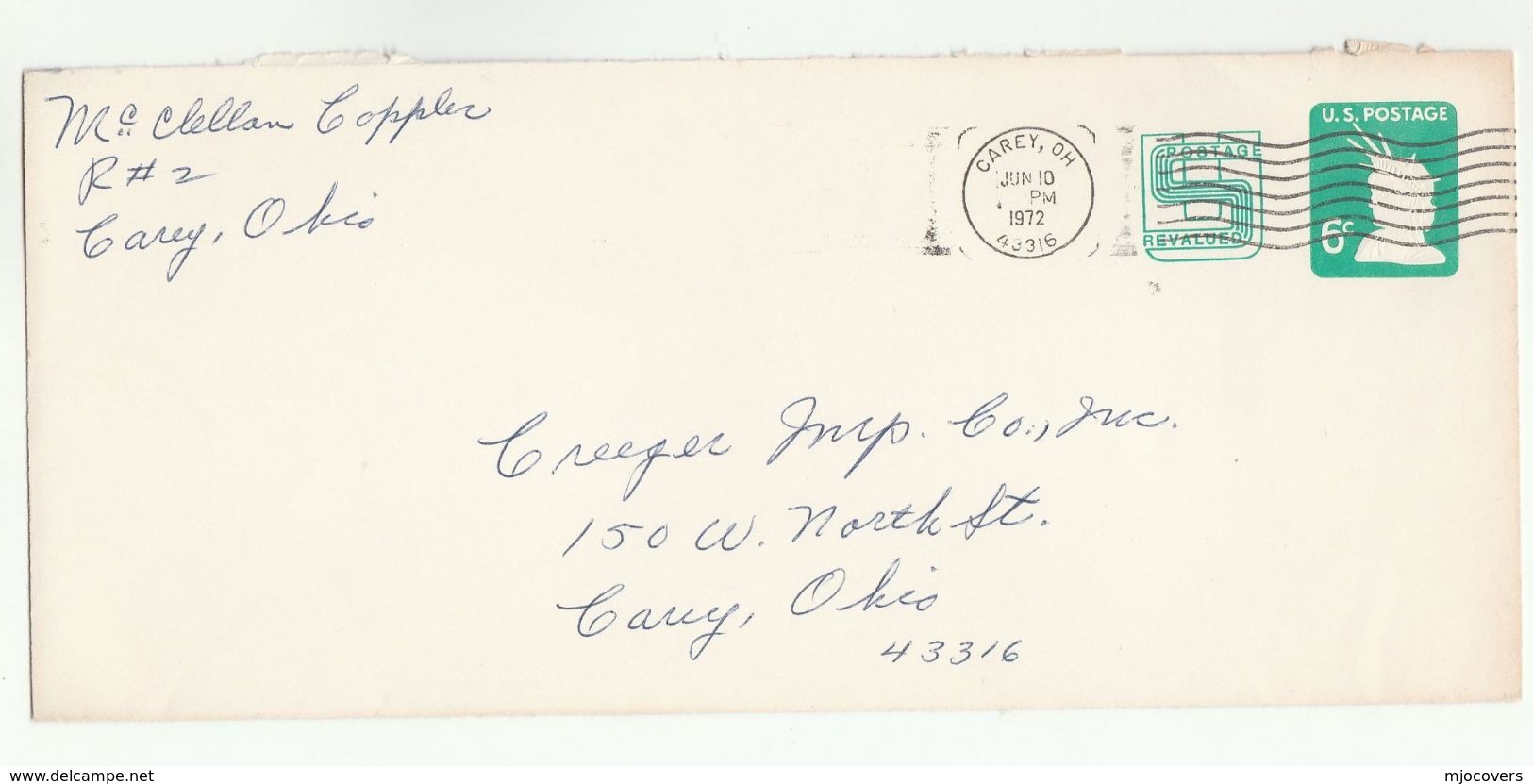 1972 USA Carey Ohio  REVALUED 6c POSTAL STATIONERY COVER Stamps - 1961-80