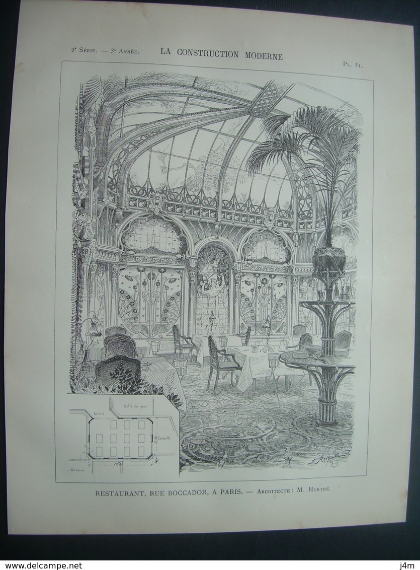 ARCHITECTURE..GRAVURE De 1898.. RESTAURANT, Rue Boccador, à PARIS (75)...Architecte M. HURTRE - Architecture