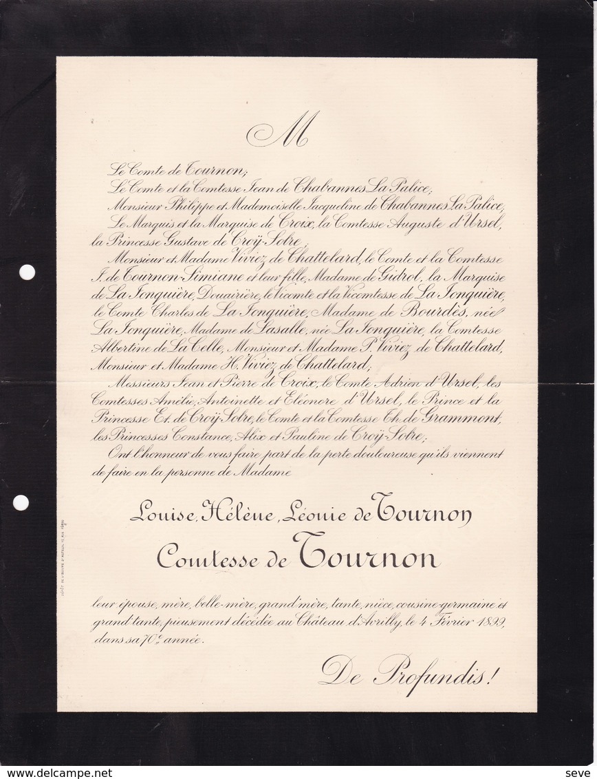 Château D'AVRILLY 70 Ans 1899 Louise De TOURNON Comtesse De TOURNON Famille De CHABANNES De CROY-SOLRE - Décès