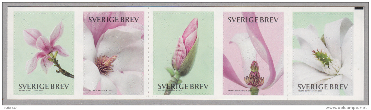 Sweden 2015 MNH Strip Of 5 Pink And White Magnolias - Unused Stamps