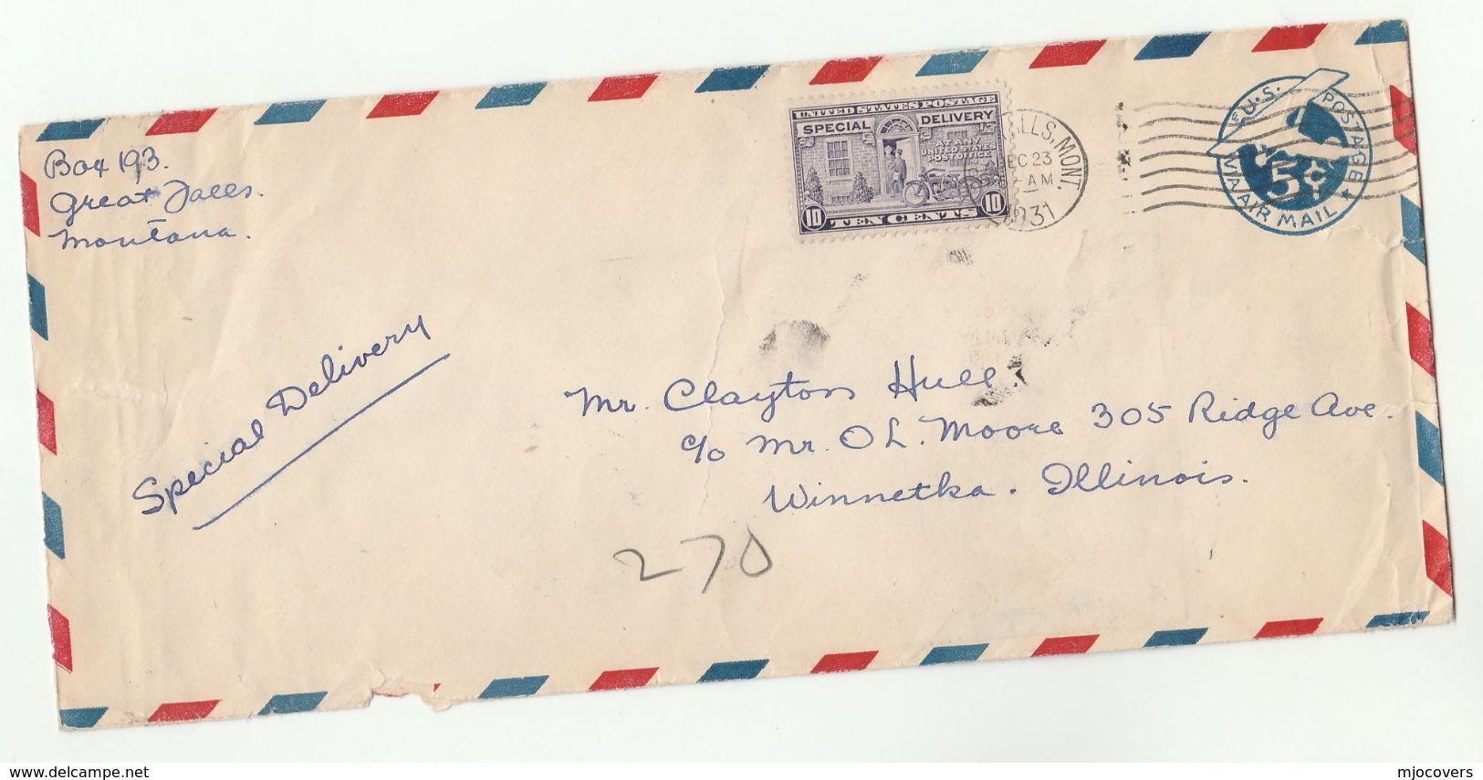 1931 Special Delivery USA COVER Motorcycle Stamp UPRATED AIRMAIL POSTAL STATIONERY Cover Great Falls Motorbike Aviation - Covers & Documents
