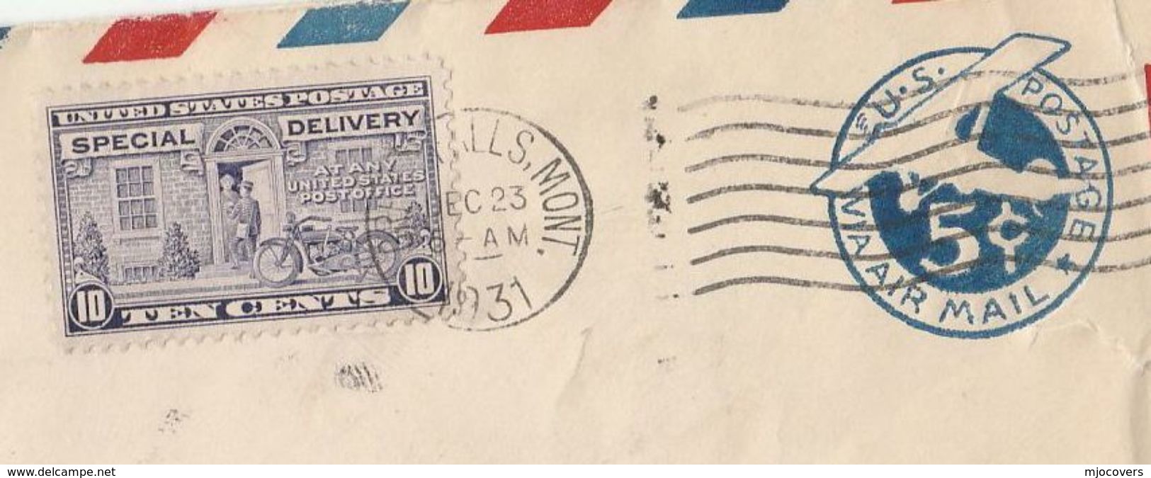 1931 Special Delivery USA COVER Motorcycle Stamp UPRATED AIRMAIL POSTAL STATIONERY Cover Great Falls Motorbike Aviation - Covers & Documents