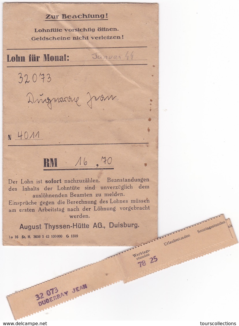 SALAIRE Prisonnier ALLEMAGNE Duisburg Lager Januar 1944 - 3° Reich WW2 Duperray Jean (Matricule 32073) Né En 1922 - Lettres & Documents