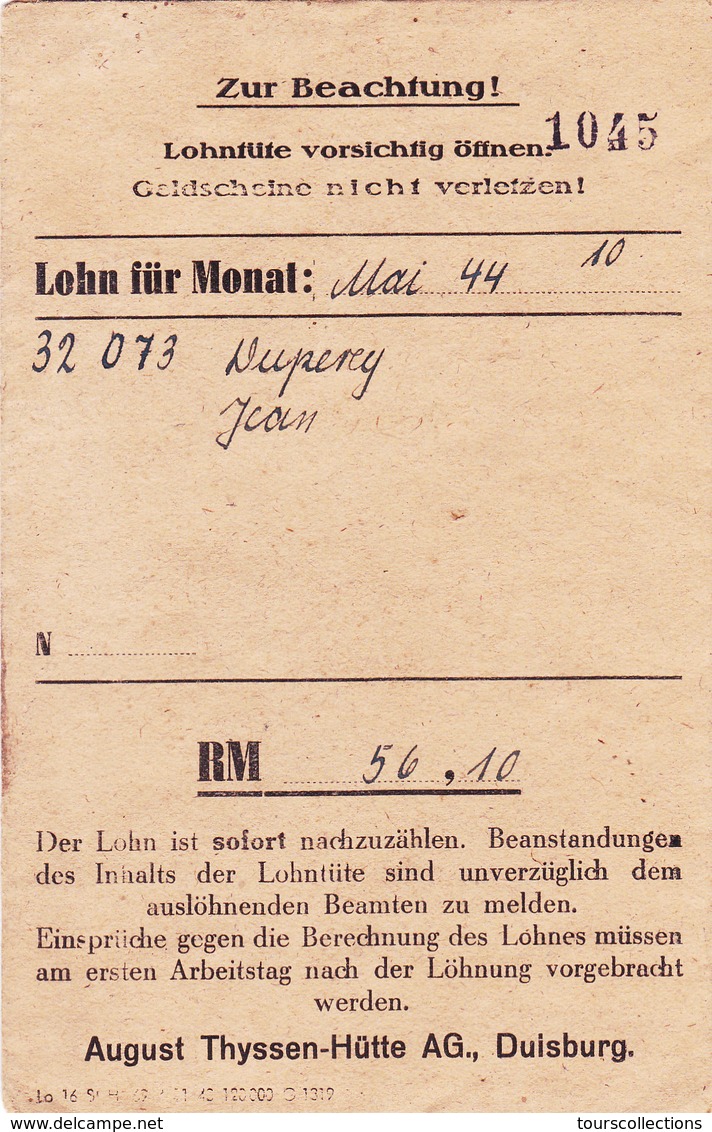 SALAIRE Prisonnier ALLEMAGNE Duisburg Lager Mai 1944 - 3° Reich WW2 Duperray Jean (Matricule 32073) Né En 1922 - Lettres & Documents