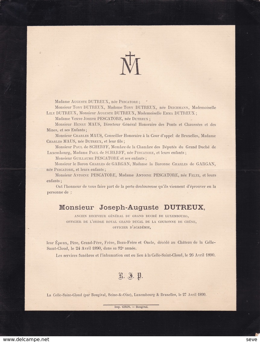 Château De La CELLE-SAINT-CLOUD 82 Ans 1890 Joseph DUTREUX Receveur Général GRAND-DUCHE LUXEMBOURG Pescatore - Décès