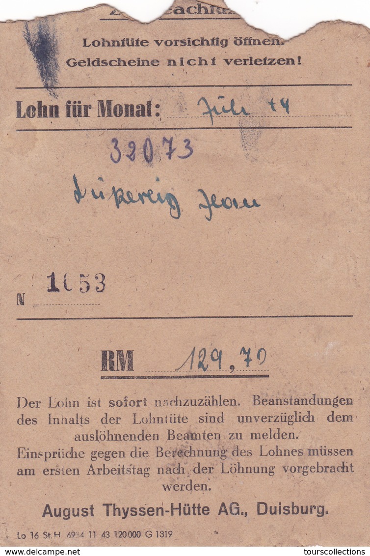 SALAIRE Prisonnier ALLEMAGNE Duisburg Lager Juli 1944 - 3° Reich WW2 Duperray Jean (Matricule 32073) Né En 1922 - Lettres & Documents