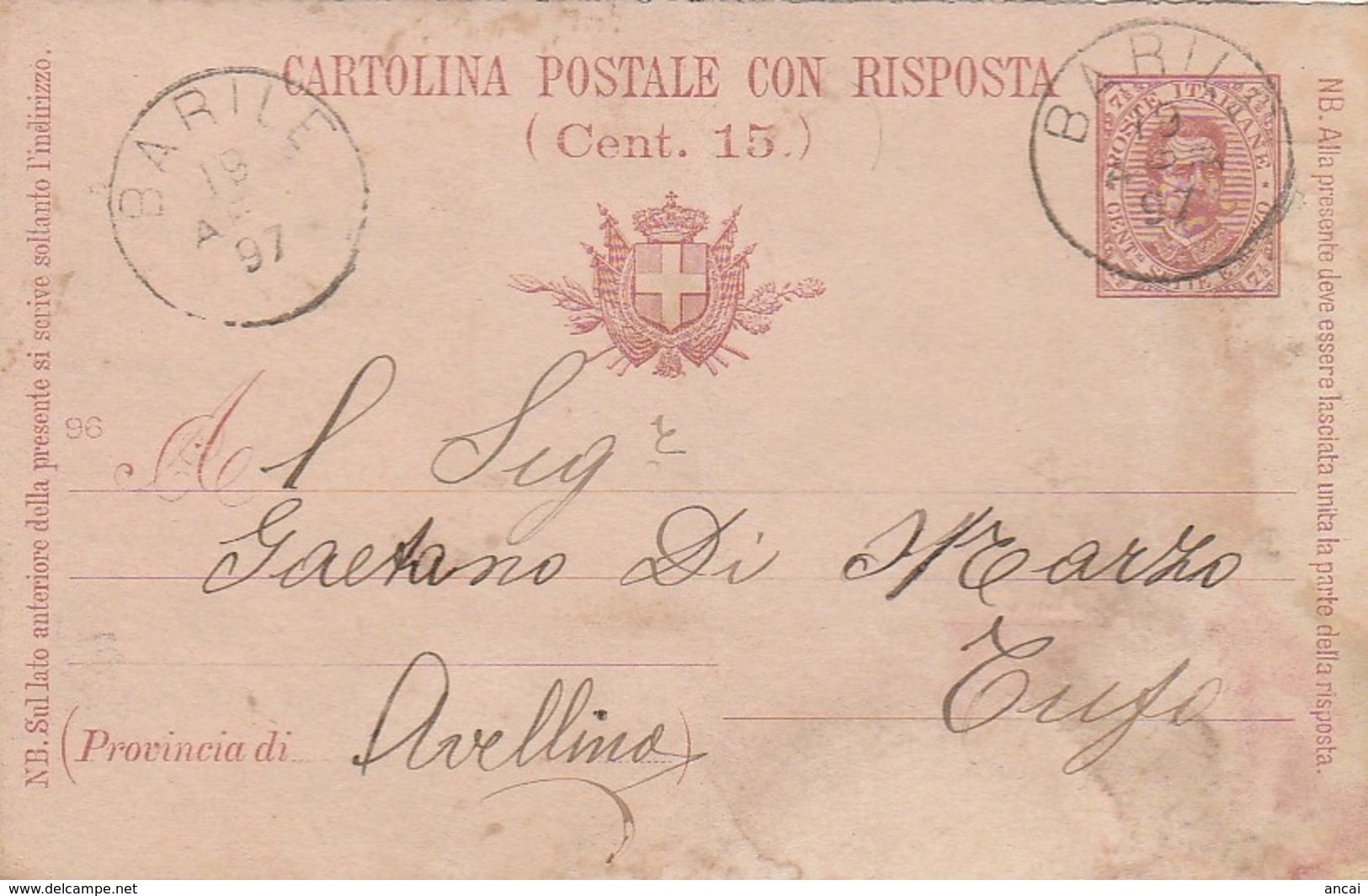 Barile. 1897. Annullo Grande Cerchio BARILE, Su Cartolina Postale Con Testo - Marcophilia