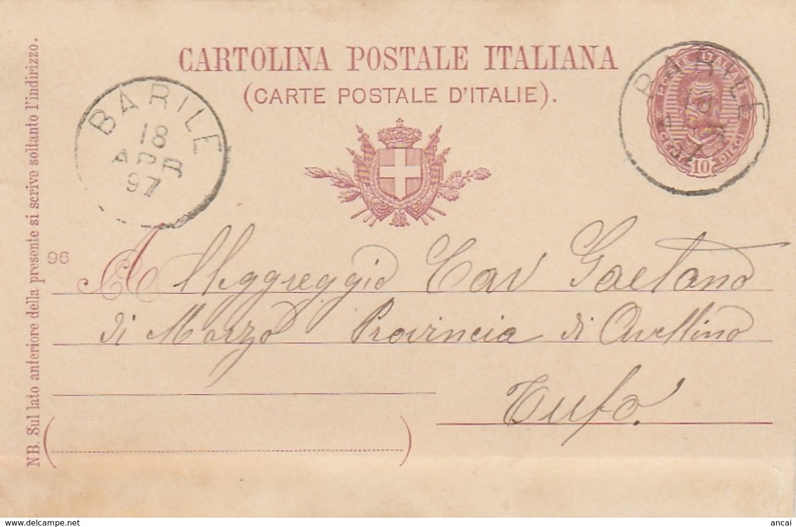 Barile. 1897. Annullo Grande Cerchio BARILE, Su Cartolina Postale Con Testo - Marcophilia