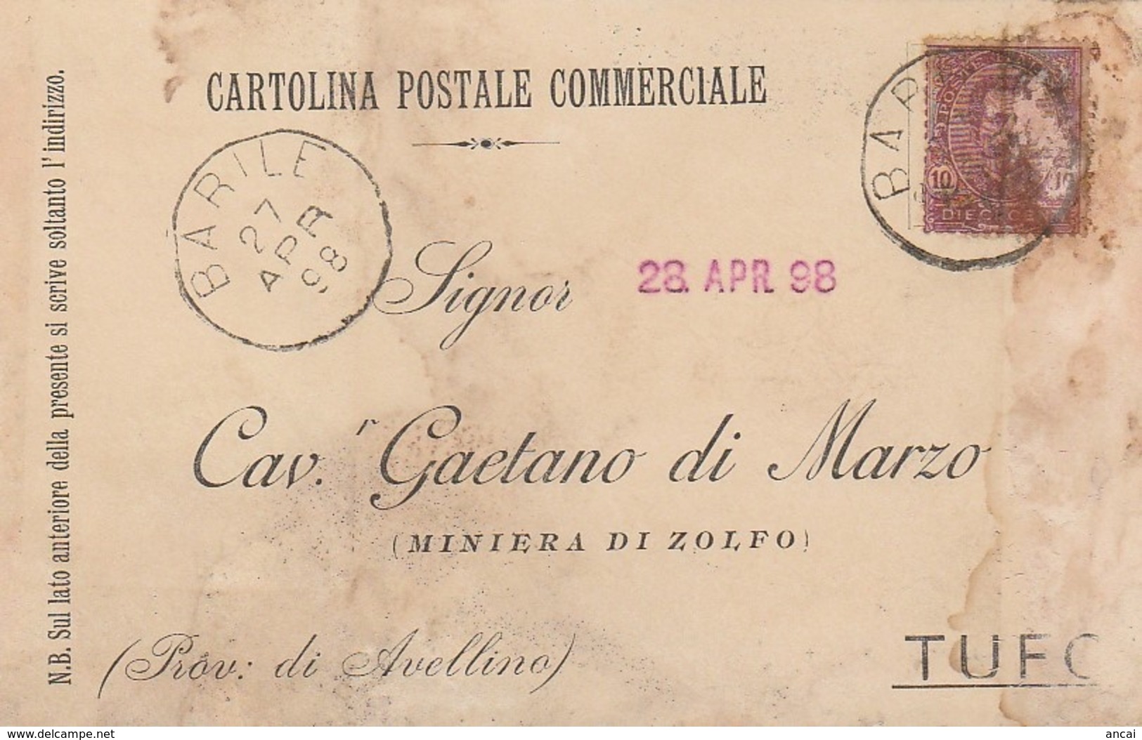 Barile. 1898. Annullo Grande Cerchio BARILE, Su Cartolina Postale - Marcophilia