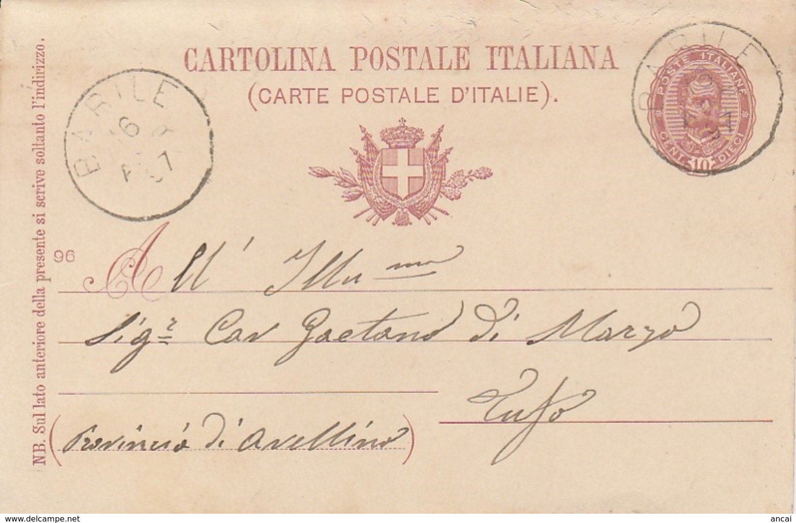 Barile. 1897. Annullo Grande Cerchio BARILE, Su Cartolina Postale Con Testo - Marcophilia