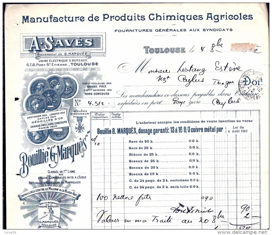 FACTURE OU LETTRE ANCIENNE DE TOULOUSE- 1922 + TAMPON POSTE-PRODUITS CHIMIQUES AGRICOLES- BELLE ILLUSTRATION- 2 SCANS- - Sonstige & Ohne Zuordnung