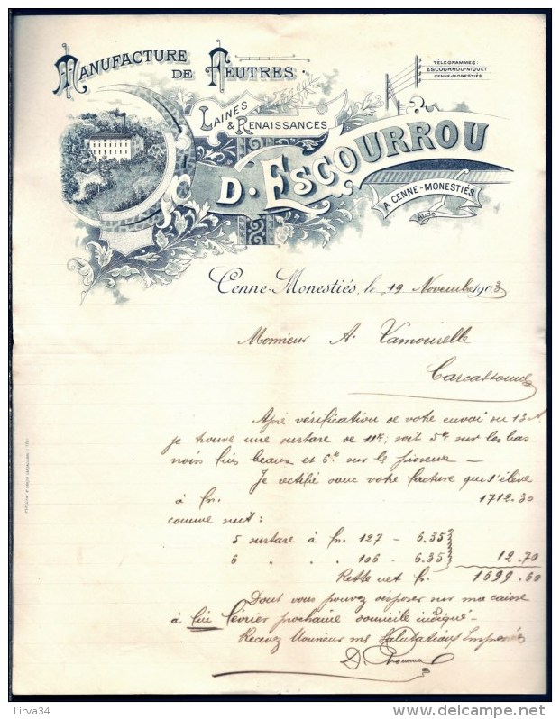 FACTURE OU LETTRE ANCIENNE DE CENNE-MONESTIÉS- 1903- MANUFACTURE DE FEUTRES- LAINES- BELLE ILLUSTRATION- 2 SCANS- - Kleidung & Textil