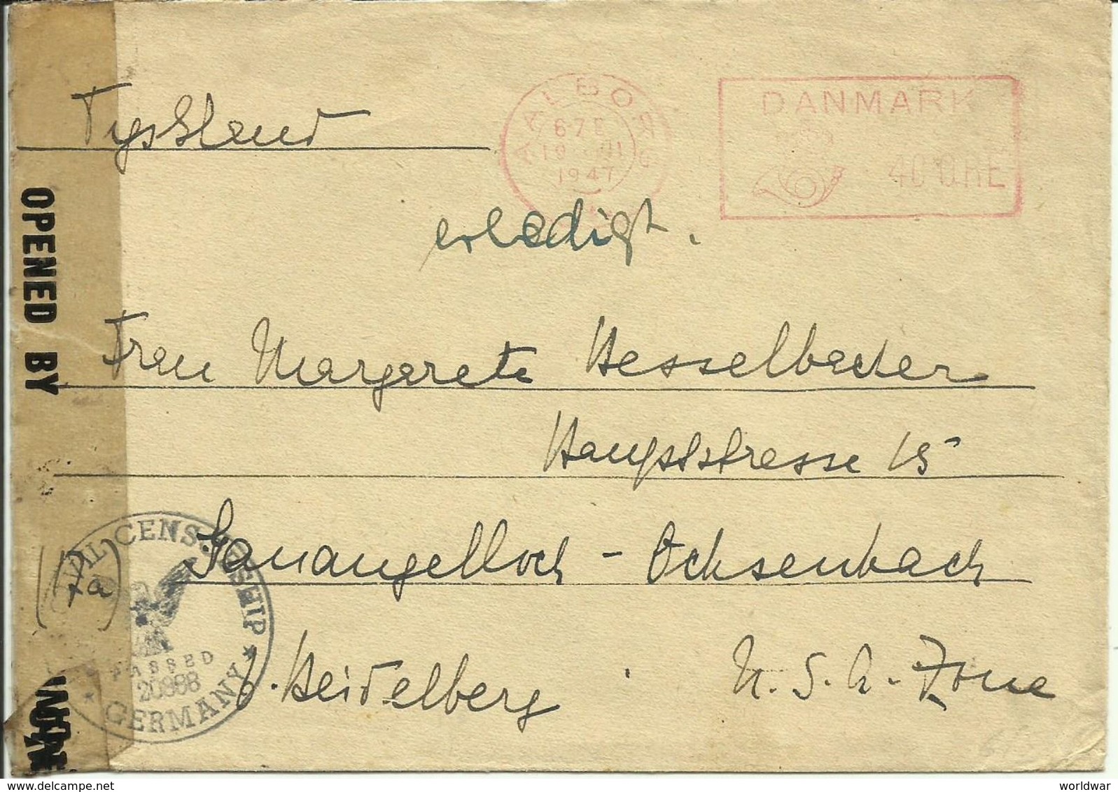 1947  Censured Letter From Aalborg To Heidelberg  Postmarks Luftvaernskontor & Nørresundby - Machines à Affranchir (EMA)