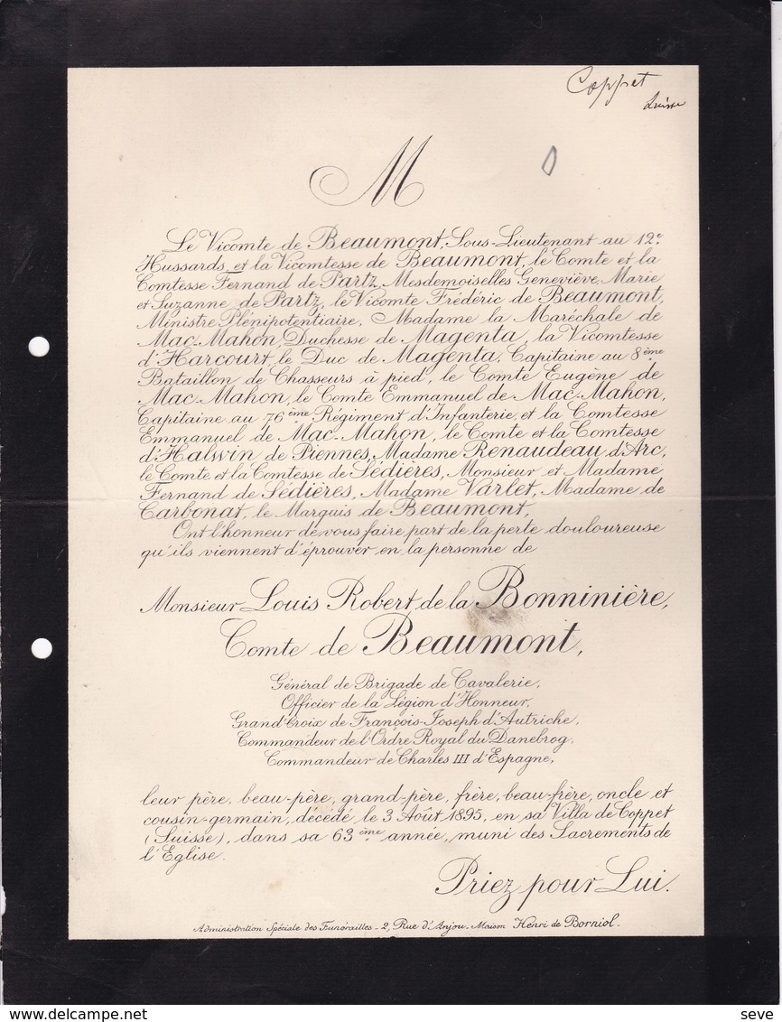 Villa De COPPET (SUISSE) Louis Robert De La BONNINIERE Comte De BEAUMONT 63 Ans 1895 Général De Brigade MAGENTA MAHON - Décès