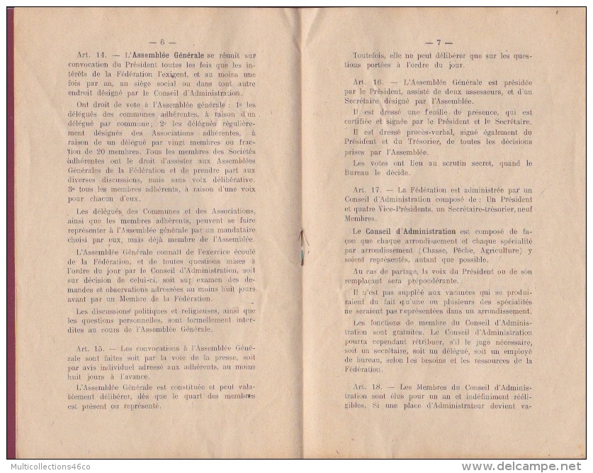 160218 - 11 AUDE Livret 1927 FACPA Fédération Audoise CHASSE PECHE AGRICULTURE Statuts  - Carcassonne Imprimerie - Pêche