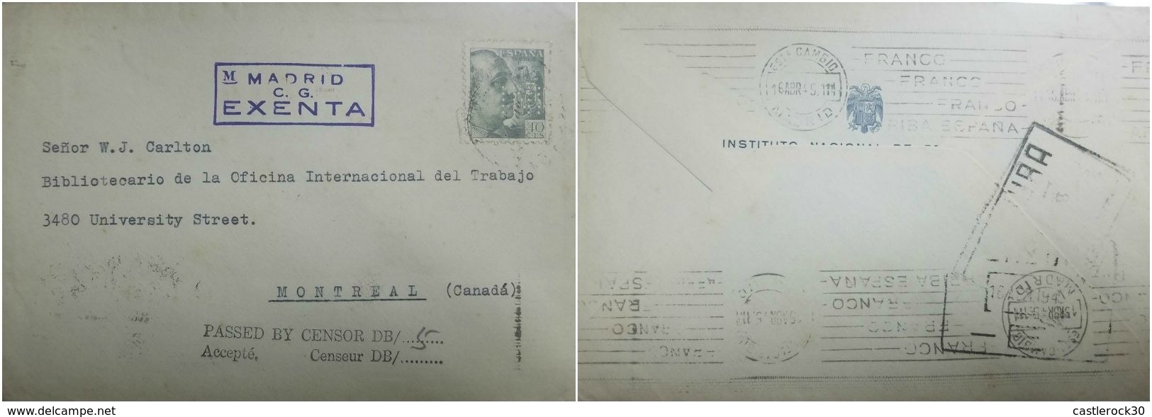 O) 1945 SPAIN, GEN. FRANCISCO FRANCO SCOTT A166, M, MADRID C.G. EXENTA - PASSED BY CENSOR DB. - INSTITUTO NACIONAL-ARRIB - Lettres & Documents