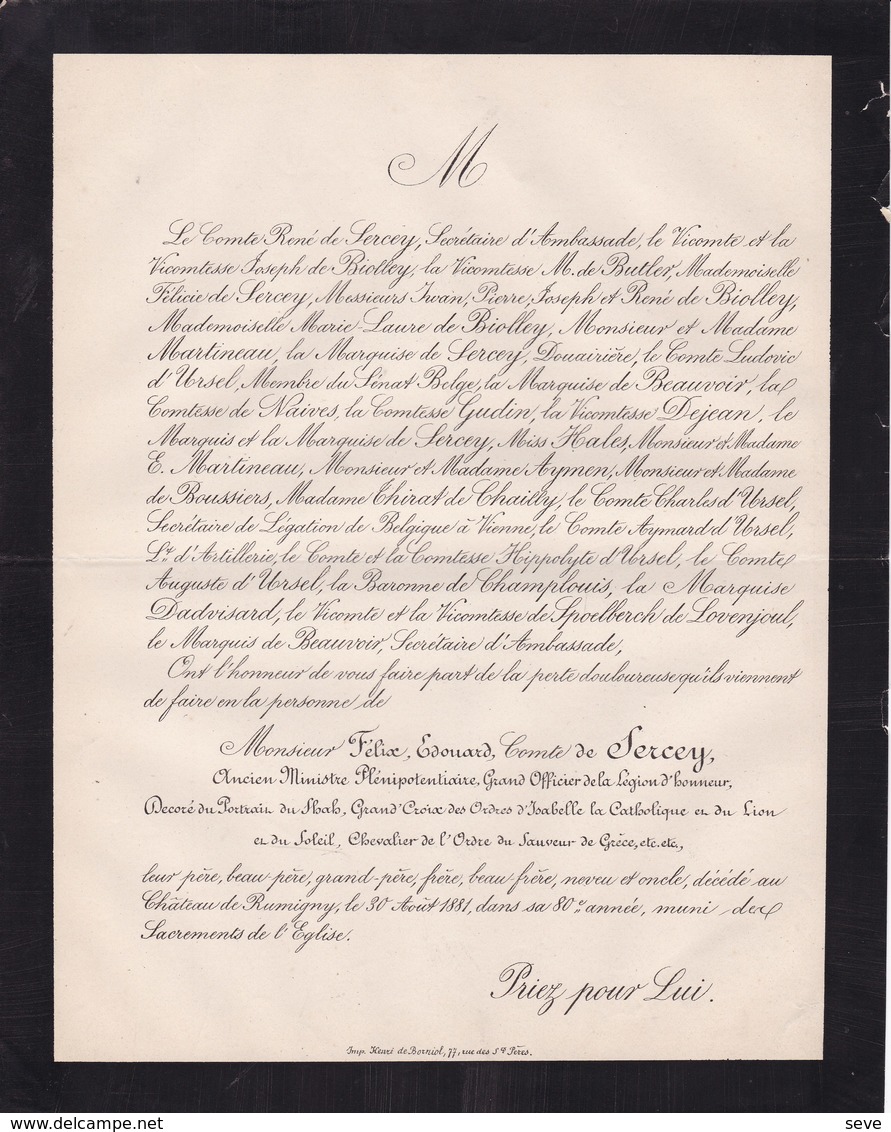 Château De RUMIGNY Félix Comte De SERCEY Ancien Ministre 80 Ans 1881 De BIOLLEY D'URSEL De BUTLER - Décès