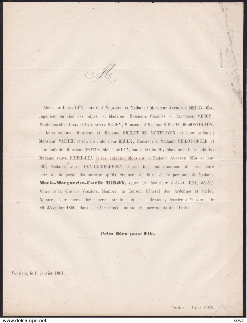 VOUZIERS Marie De MIROY Veuve DEA Ancien Maire Conseiller Général Des ARDENNES 61 Ans 1860 De MEUGY MOUTON MONTGUYON - Décès