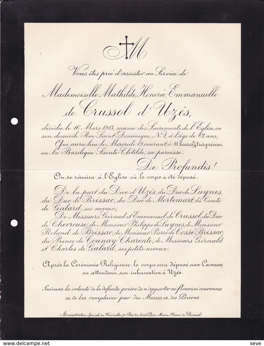 UZES Mathilde De CRUSSOT D'UZES 62 Ans 1913 Famille De LUYNES De BRISSAC De MORTEMART De CRUSSOL - Décès