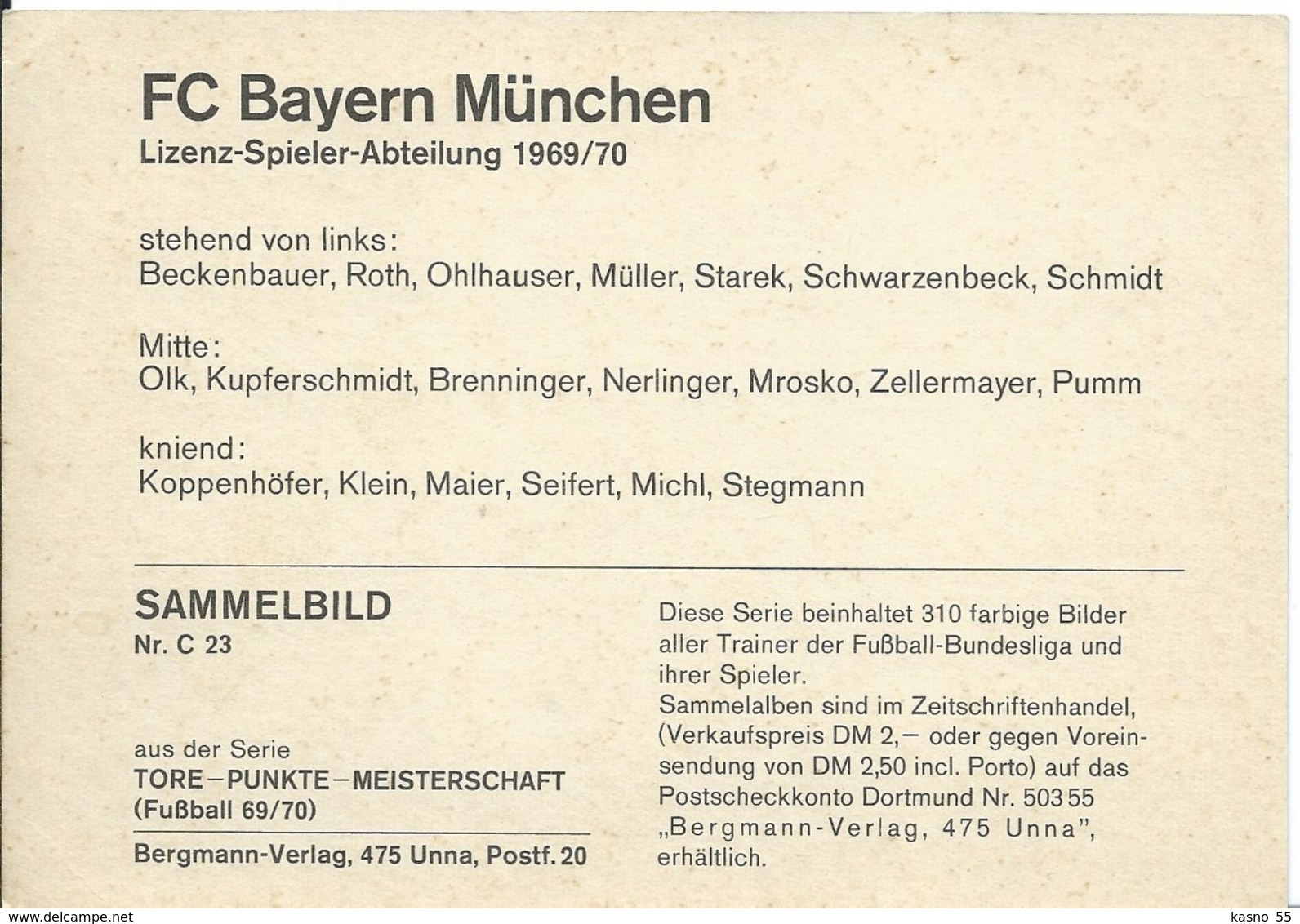 Carte Du FC Bayern München  Saison 1969 - 1970 . - Autres & Non Classés