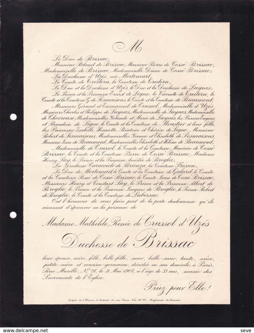 UZES PARIS Mathilde De CRUSSOL D'UZES Duchesse De BRISSAC 33 Ans 1908 De TERDERN - Décès