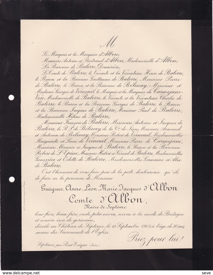 Château De SEPTEME Maire Guigues D'ALBON Comte D'ALBON 36 Ans 1903 Bretagne Famille De BALORRE De BELINAY - Décès