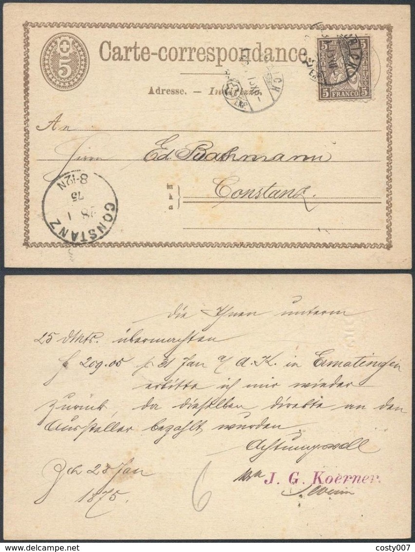 Switzerland 1875 Postal History Rare Postcard Postal Stationery Germany Zurich Constanz DB.400 - Stamped Stationery