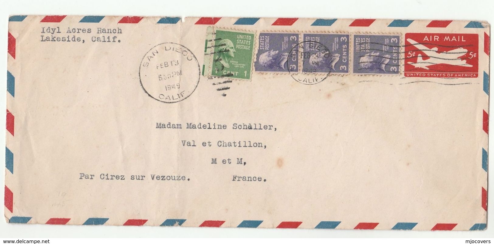 1949 USA To FRANCE Multi Stamps UPRATED Postal STATIONERY COVER  Air Mail Aviation - 1941-60