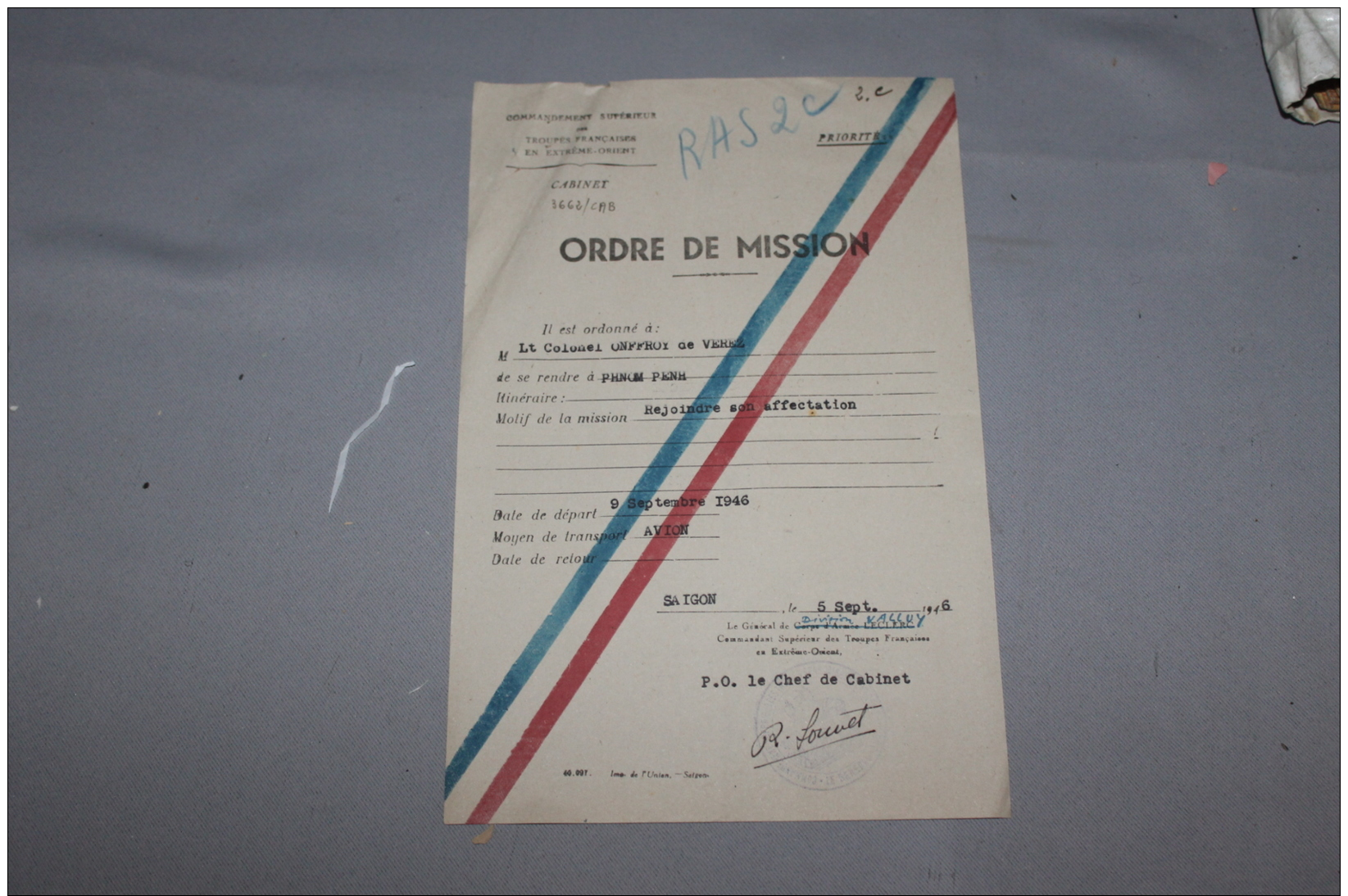 Ordre De Mission Du Commandement Supérieur Des Troupes D'extréme Orient 1946 Signé Louvet, Saigon - Documents