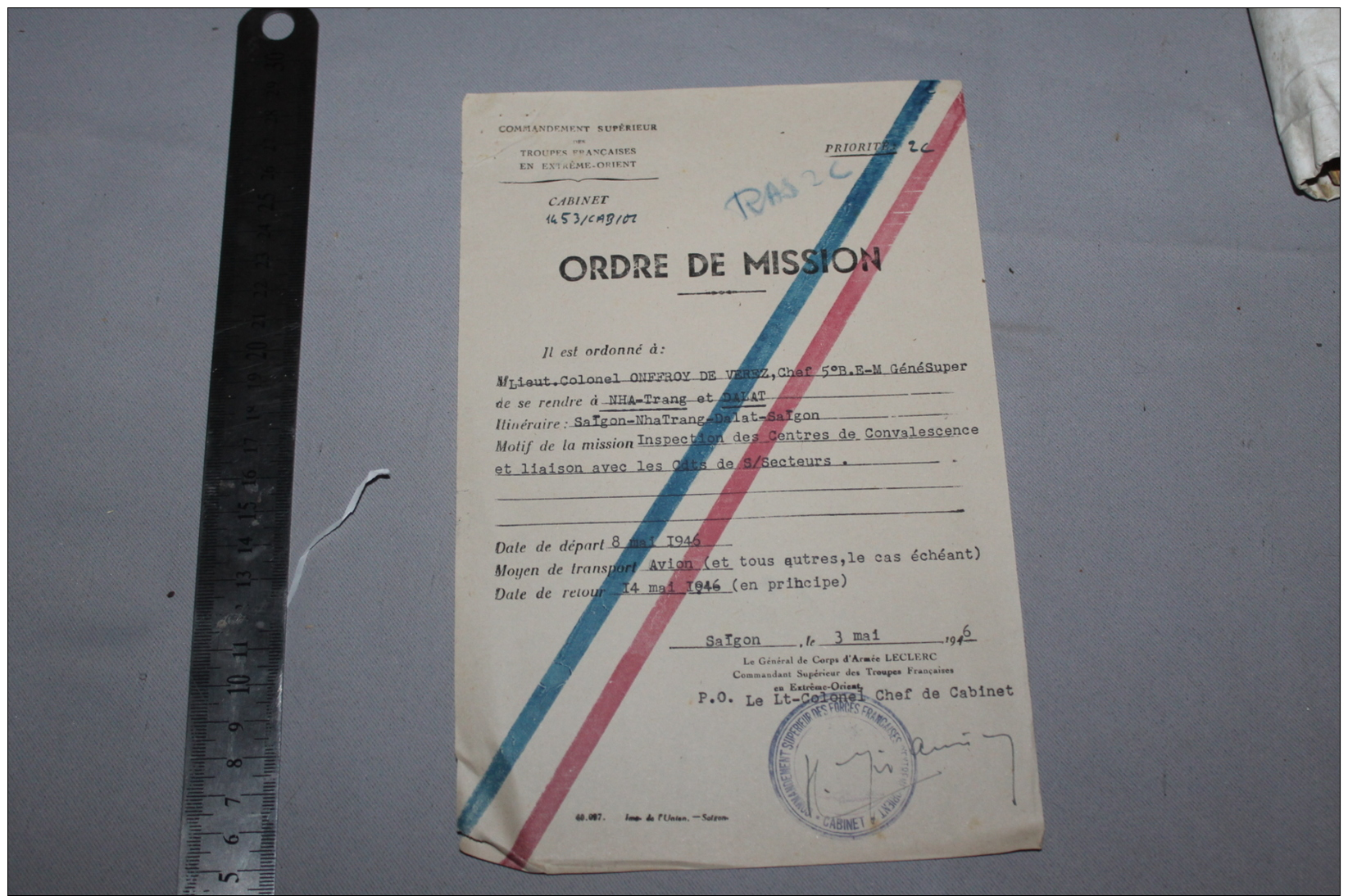 Ordre De Mission Du Commandement Supérieur Des Troupes D'extréme Orient 1946  Saigon - Documents