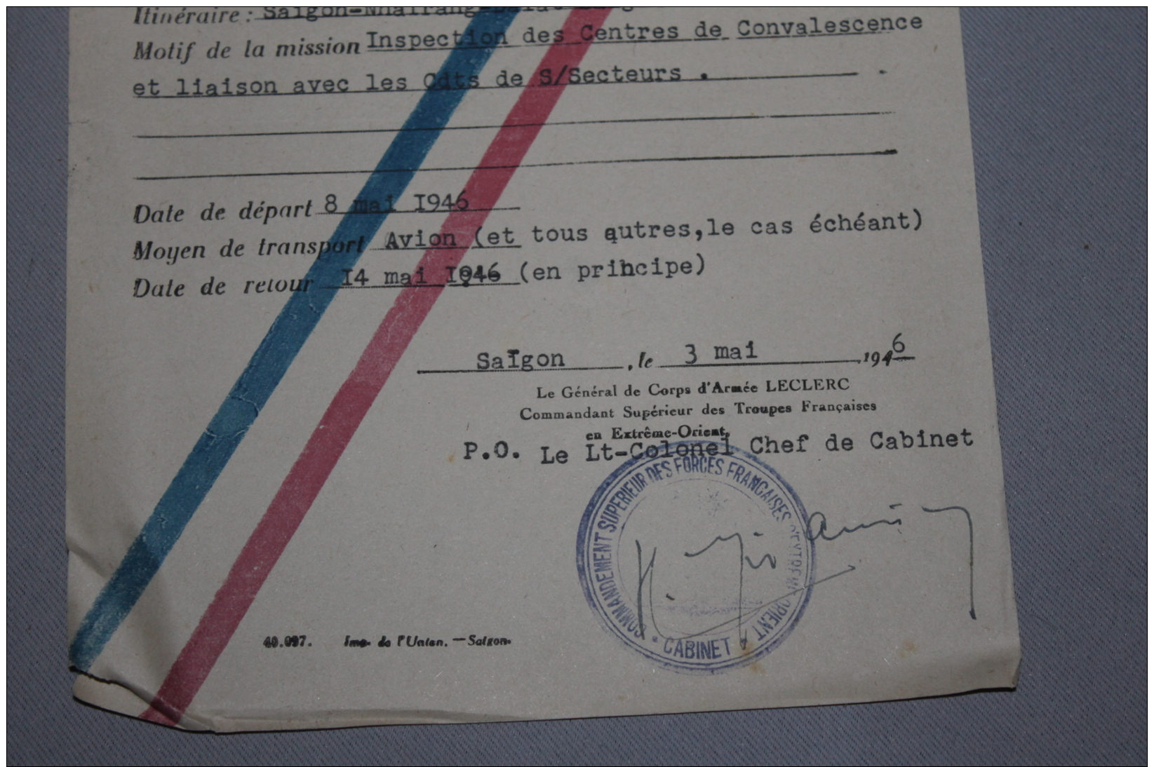 Ordre De Mission Du Commandement Supérieur Des Troupes D'extréme Orient 1946  Saigon - Documents