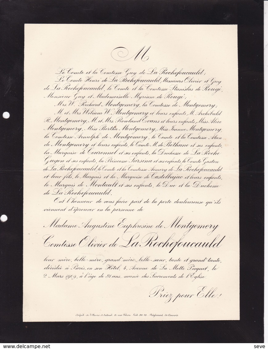 PARIS Augustine De MONTGOMERY Comtesse Olivier De LA ROCHEFOUCAULD 81 Ans 1909 De ROUGE EVANS De BETHUNE - Décès