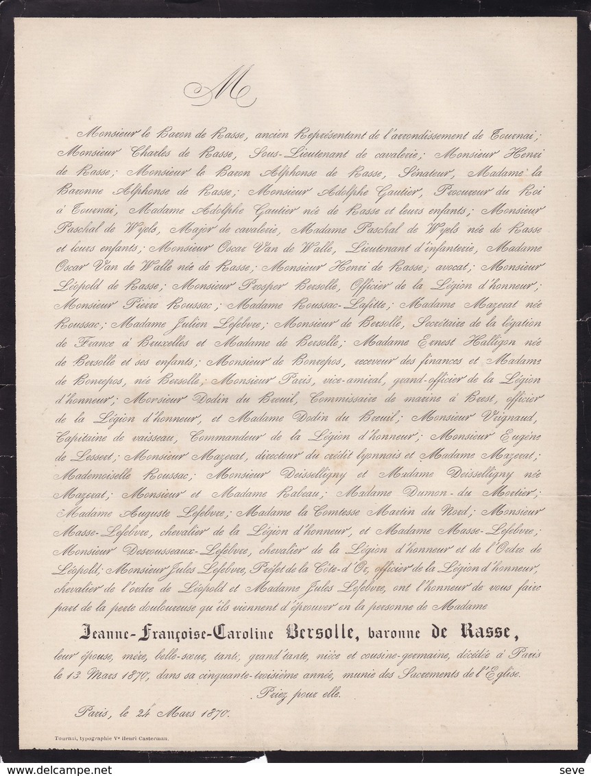 PARIS TOURNAI Jeanne-françoise BERSOLLE Baronne De RASSE 53 Ans 1870 époux Député Bourgmestre De WYELS - Décès